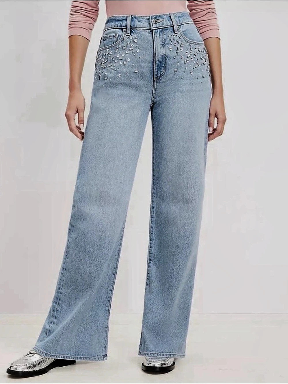 LOFT 28 curvy Sparkle High Rise Wide Leg Jeans Blue
